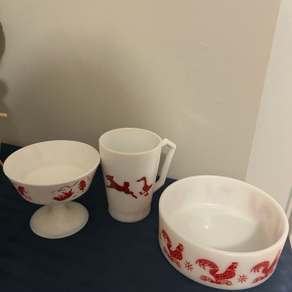Vintage Rooster Pattern Milk Glass Set - Red and White Kids Dishes